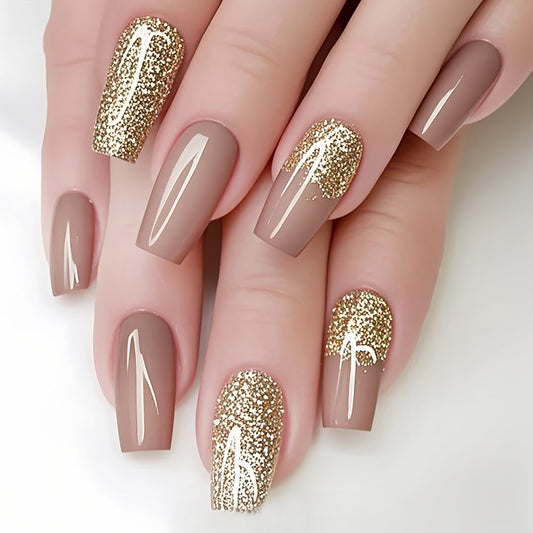 Glamorous Elegance Long Square Beige Nails with Glitter Accent for a Dazzling Touch