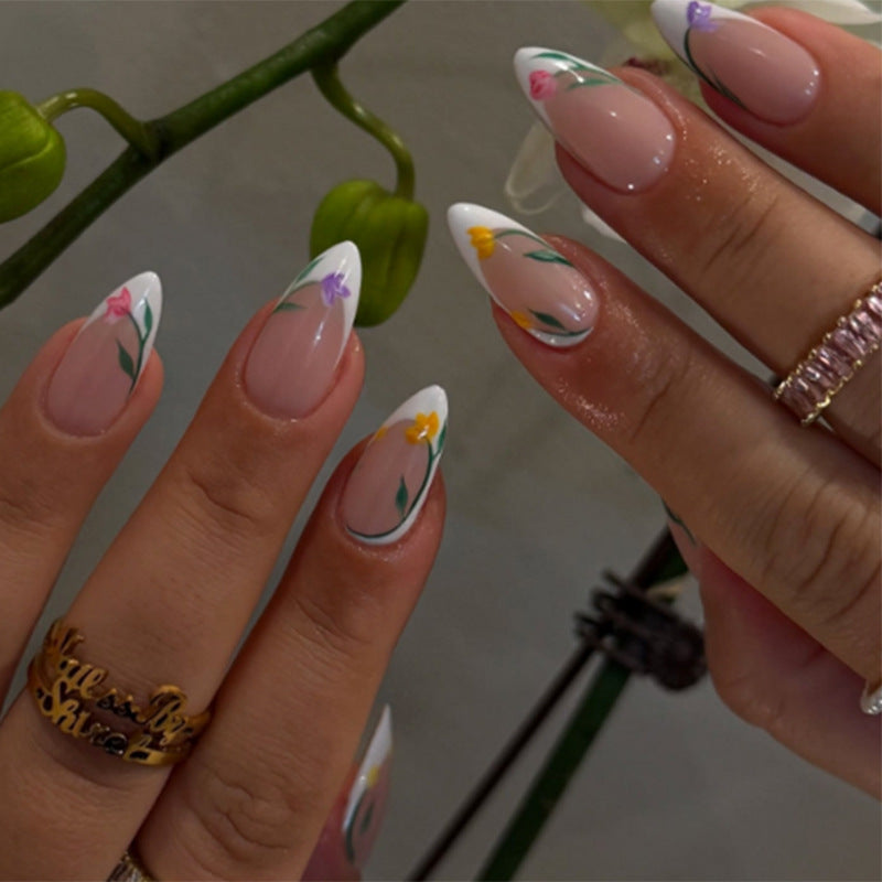 Blooming Garden Extra Medium Almond Shaped Clear Pink with Floral Tip Design Press On Nail Set