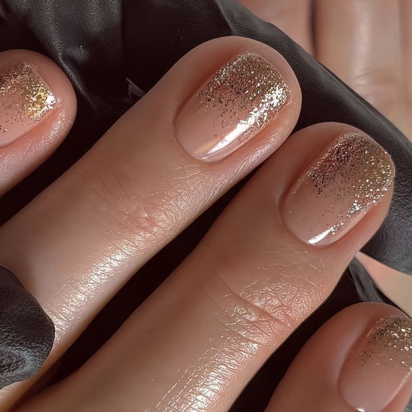 Glamorous Elegance Short Square Beige with Gold Glitter Fade Press On Nail Set