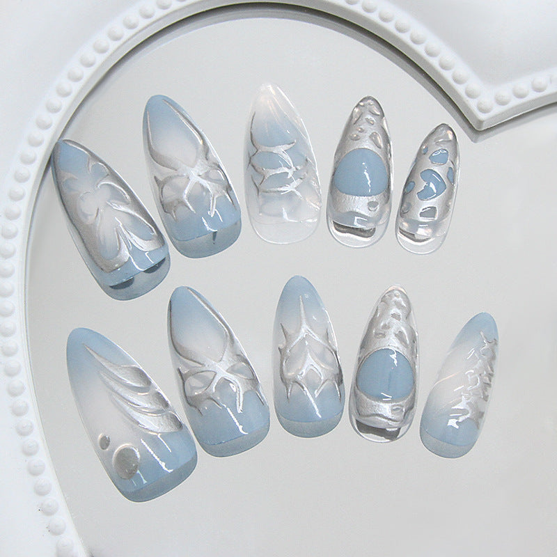 Celestial Dream Press On Nail Set Medium Almond Shape Soft Blue Color Intricate Metallic Floral Design