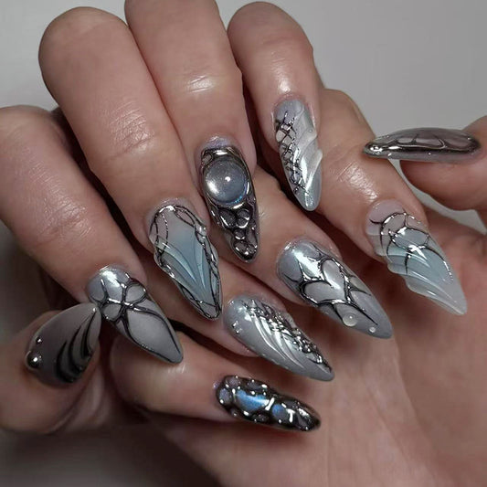 Mystical Dreams Long Almond Press On Nail Set in Silver and Blue with Enchanting Gem Accents
