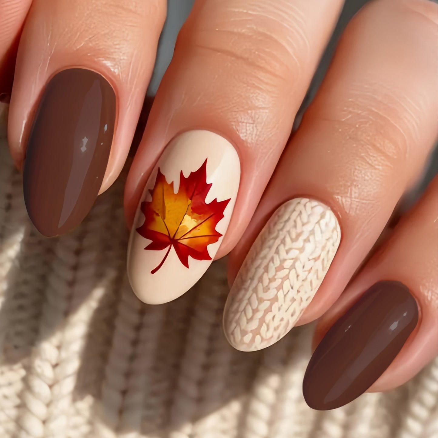 Autumn Charm Long Oval Brown and Beige with Fall Leaf and Textured Knit Design Press On Nail Set