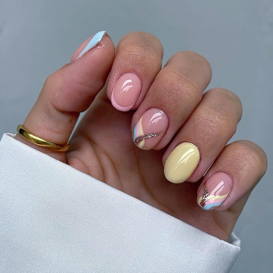 Whimsical Elegance Glossy Medium Round Pastel with Glitter Accent Press-On Nail Set