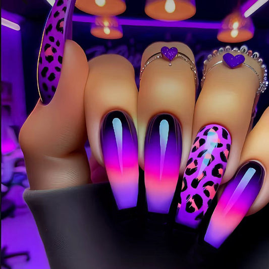 Mystical Gradient Long Coffin Purple Ombre with Leopard Accent Press On Nail Set