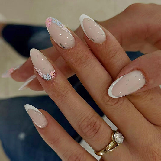 Blossom Dreams Medium Oval White Elegant Floral Press On Nail Set