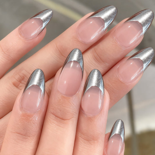 Glamorous Elegance Long Almond Shaped Silver Tipped Press On Nail Set with Stunning Sheen Finish