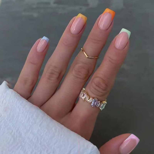 Summer Sunset Elegant Medium Square Gradient Press-On Nail Set with Colorful Tips
