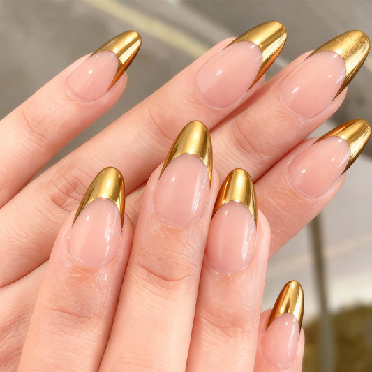 Glamorous Chic Long Almond Shaped Beige and Gold Press On Nail Set with Shimmering Tips