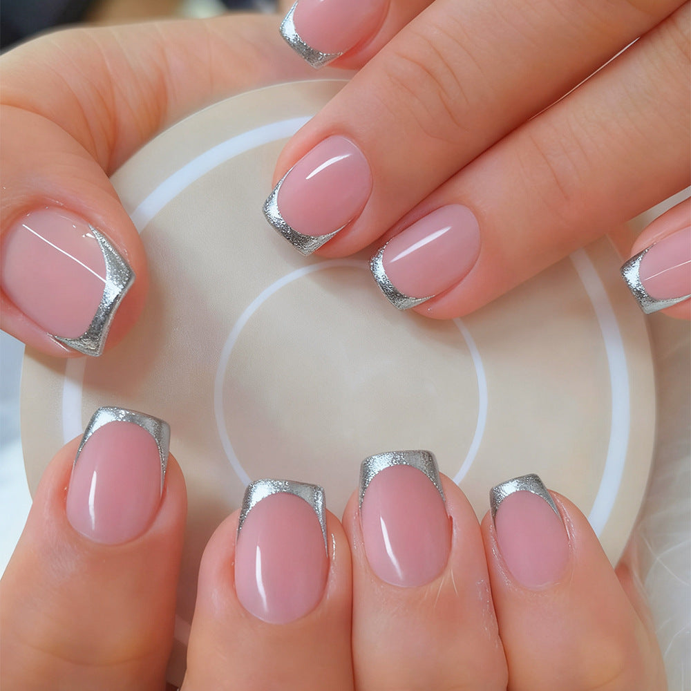 Elegant Glamour Short Square Pink with Silver Glittery Tips Press On Nail Set