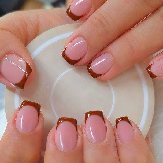 Chocolate Delight Short Square Blush Pink Nails with Chic Brown Tips and Glossy Finish