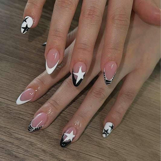 Celestial Elegance Medium Almond Black and White Star Design Press On Nail Set