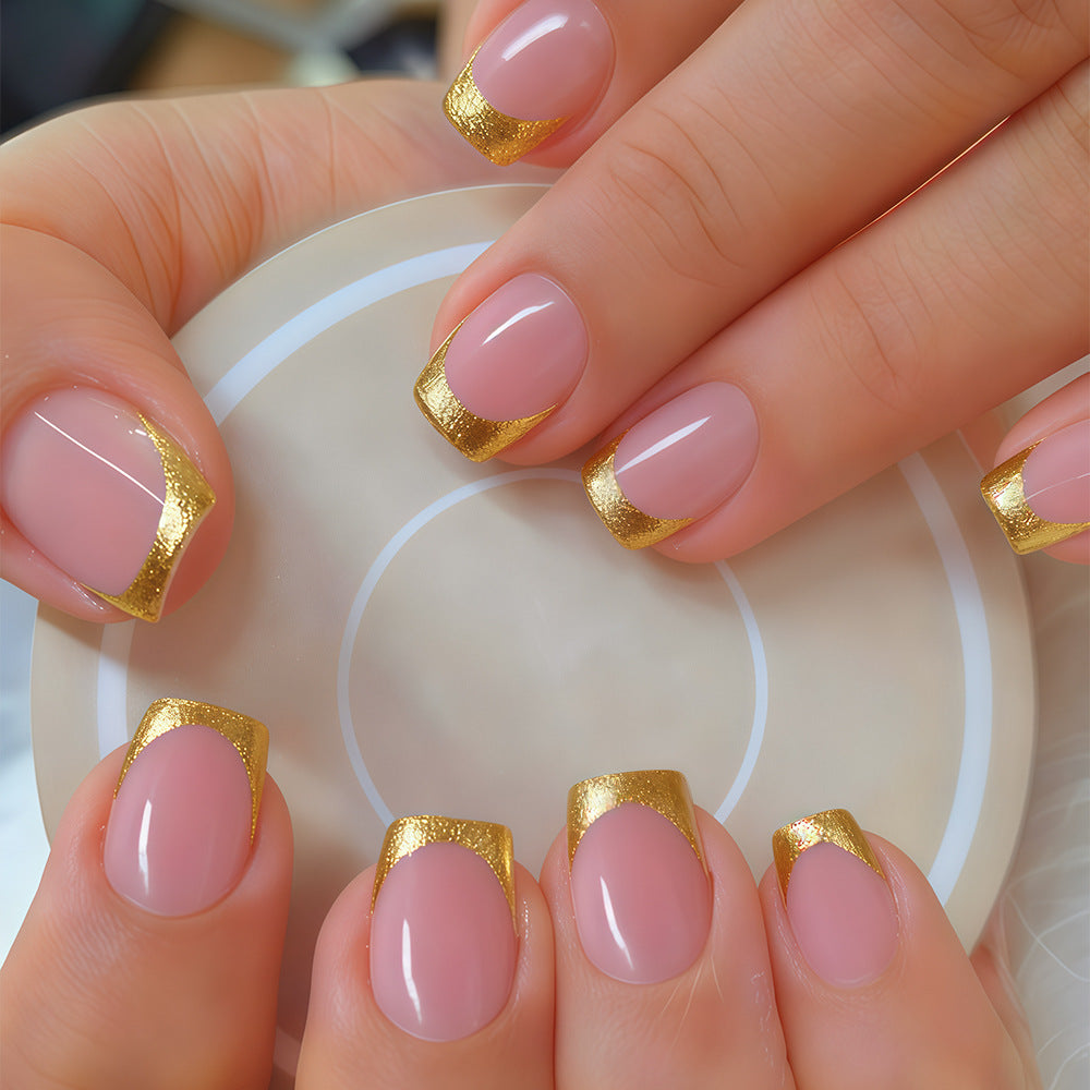 Glamorous Elegance Short Square Beige with Metallic Gold Tips Press On Nail Set