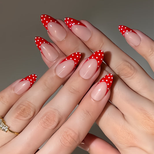 Berry Bliss Elegant Long Almond Red with Polka Dots Press On Nail Set