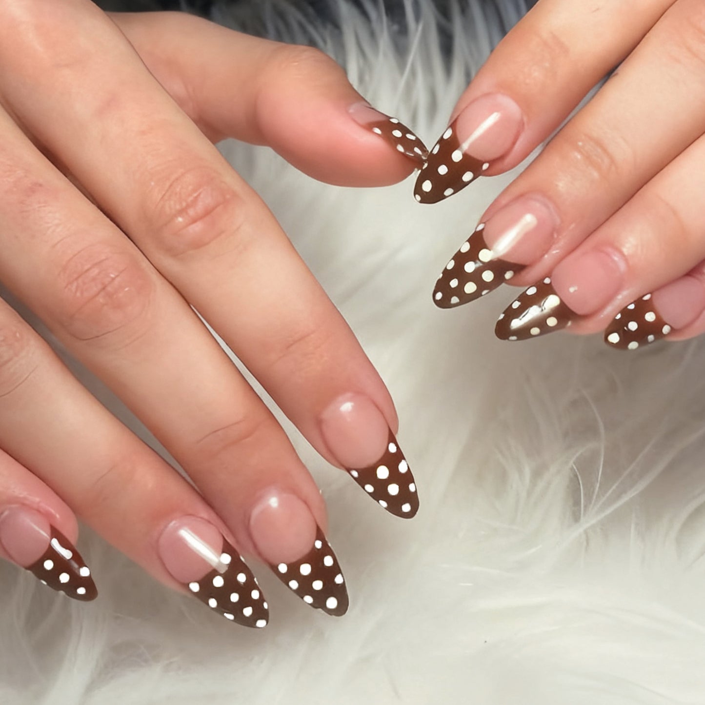 Gourmet Coffee Inspired Long Almond Shaped Brown with White Dots Press On Nail Set