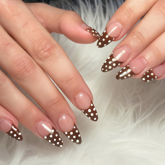 Gourmet Coffee Inspired Long Almond Shaped Brown with White Dots Press On Nail Set