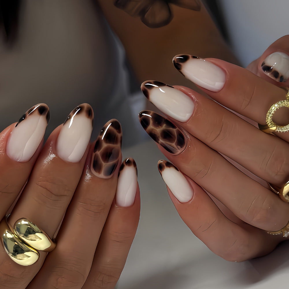 Wild Safari Short Almond Shaped Brown and White Gradient Animal Print Press On Nail Set