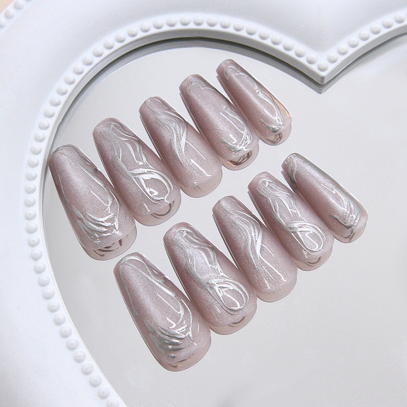 Elegant Serenity Long Coffin Pink Marbled Press On Nail Set with Unique Swirling Design