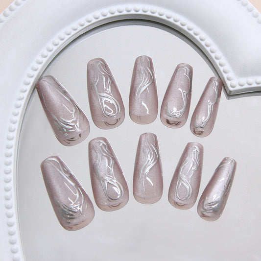 Ethereal Elegance Long Coffin Rose Gold Ombre Nails with Marble Swirl Accents