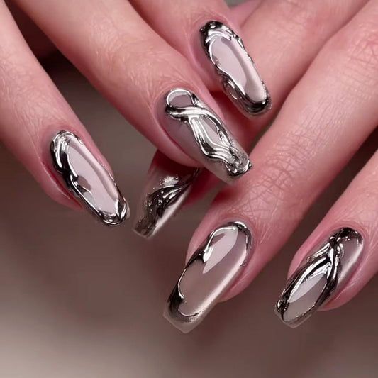 Elegant Glamour Long Coffin Shaped Smoky Grey Nail Set with Artistic Metallic Accents