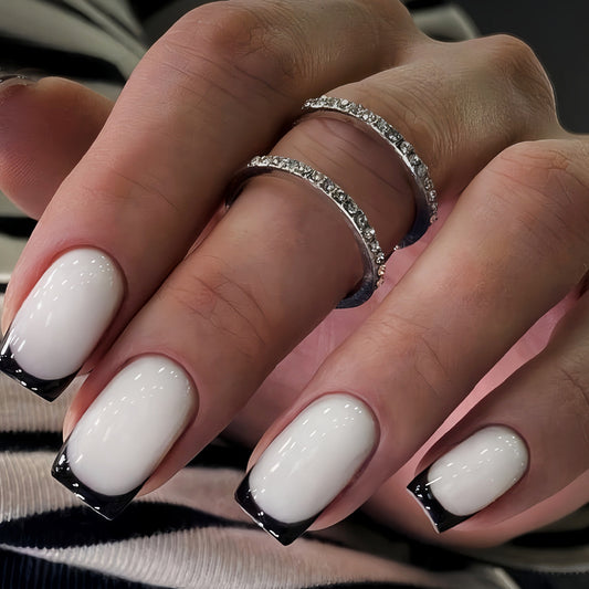 Elegant Night Out Medium Square White and Black Ombre Press on Nail Set with Glossy Finish