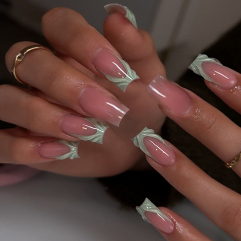 Marble Serenity Long Square Pink and Green Swirl Press On Nail Set with Glossy Finish