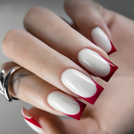 Chic Elegance Medium Square White and Red French Tip Press On Nail Set with Glossy Finish