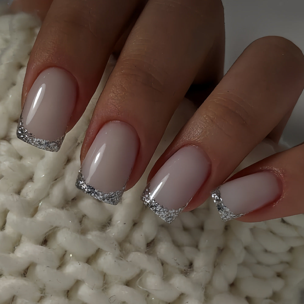 Glamorous Elegance Medium Square Frosted Pink Nails with Sparkling Silver Tips