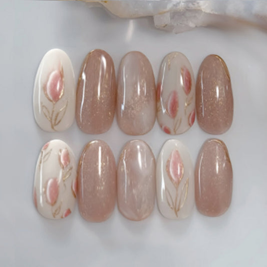 Blossom Beauty Elegant Medium Oval Shaped Soft Pink Press On Nail Set with Floral Design