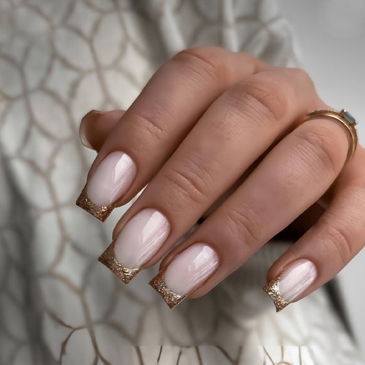 Glamorous Chic Medium Square Glossy Pink and Gold Glitter Press-On Nail Set