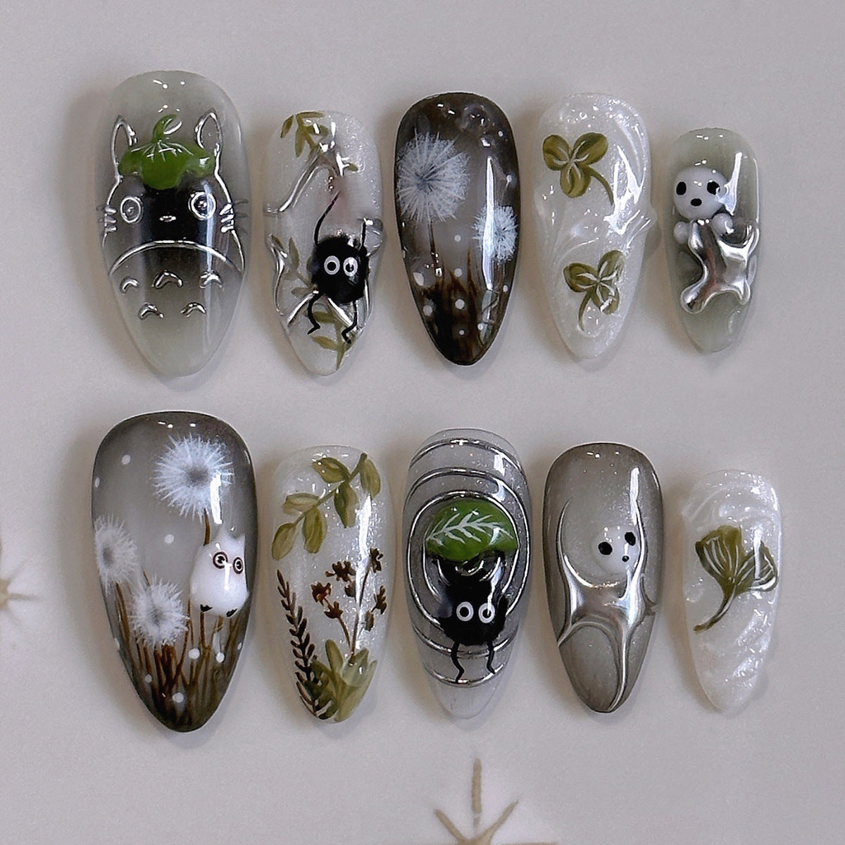 Whimsical Nature Inspired Long Almond Shaped Gray and White Press On Nail Set with Unique Character Designs