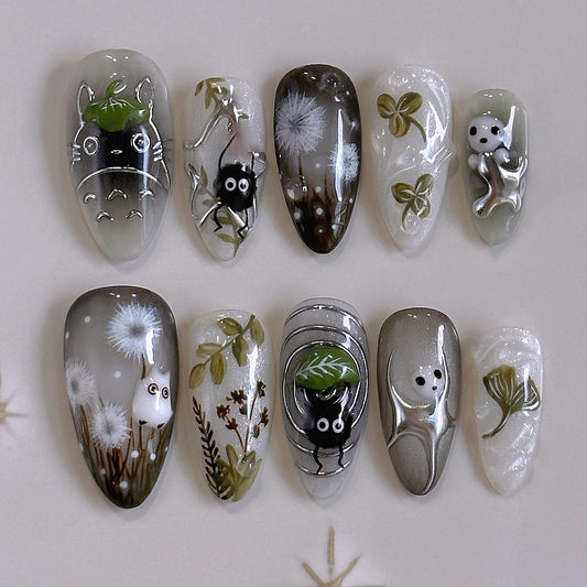 Whimsical Nature Inspired Long Almond Shaped Gray and White Press On Nail Set with Unique Character Designs