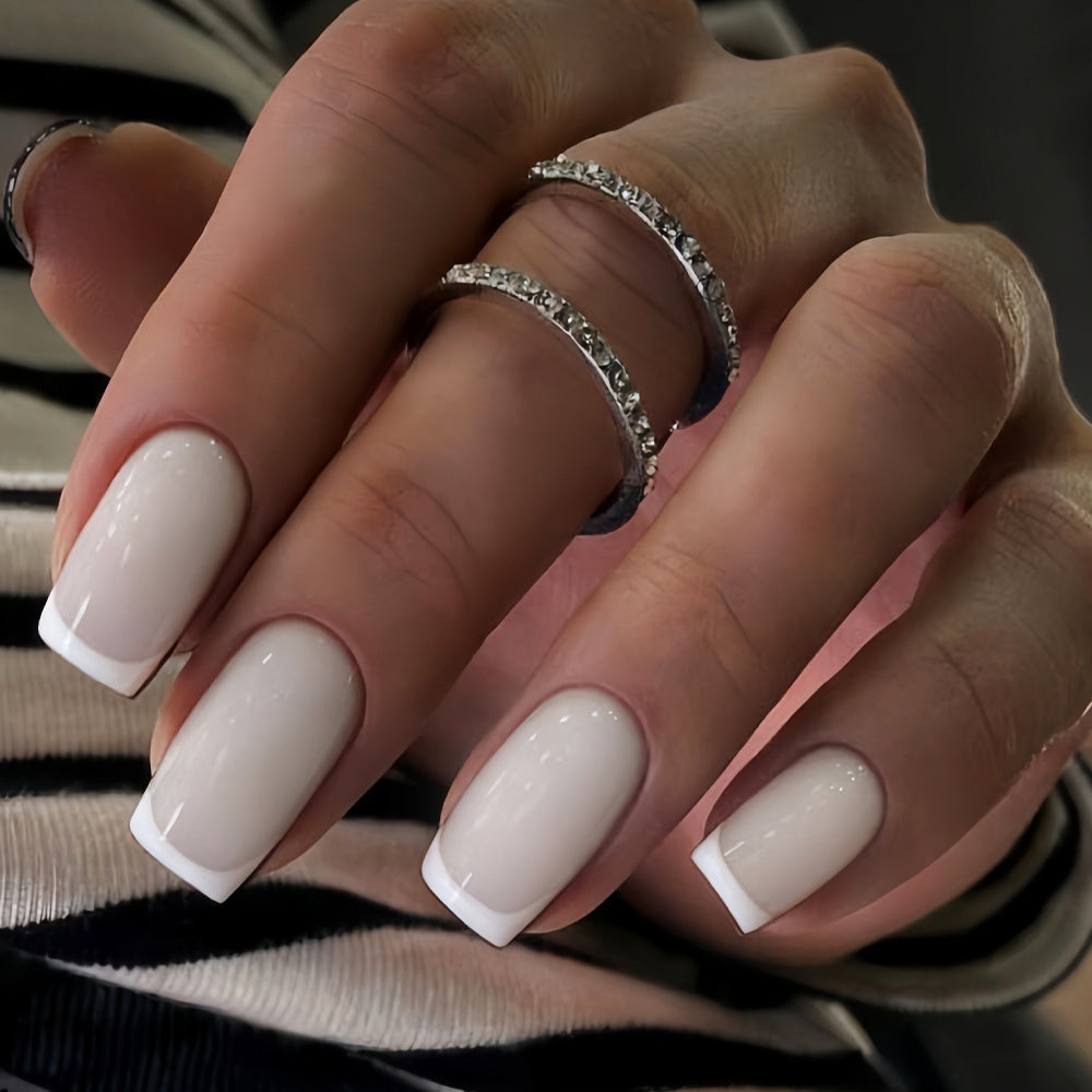 Elegant Serenity Medium Square Press-On Nail Set in Glossy White with Chic French Tips