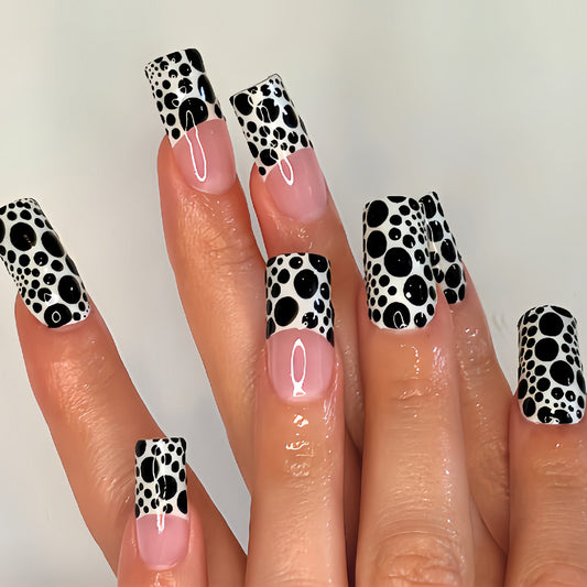 Chic Dots Long Square Black and White with Glossy Finish Press On Nail Set