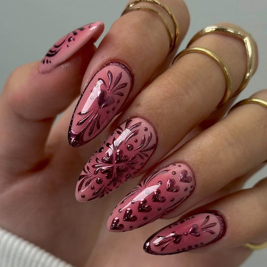 Romantic Blossom Long Almond Pink Nail Set with Heart and Floral Design