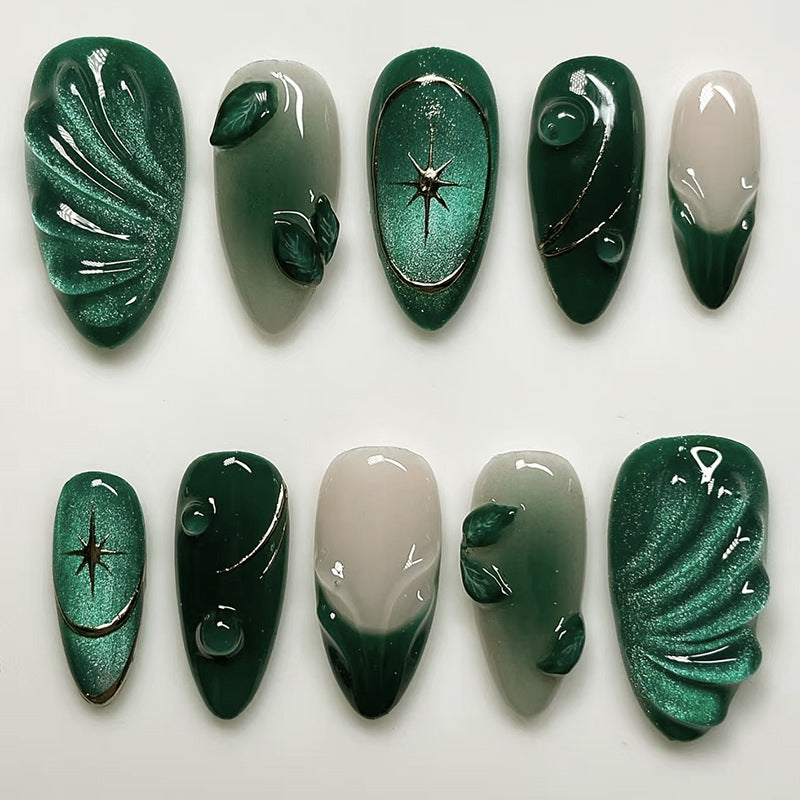 Set of green and gray nail art designs on a white background
