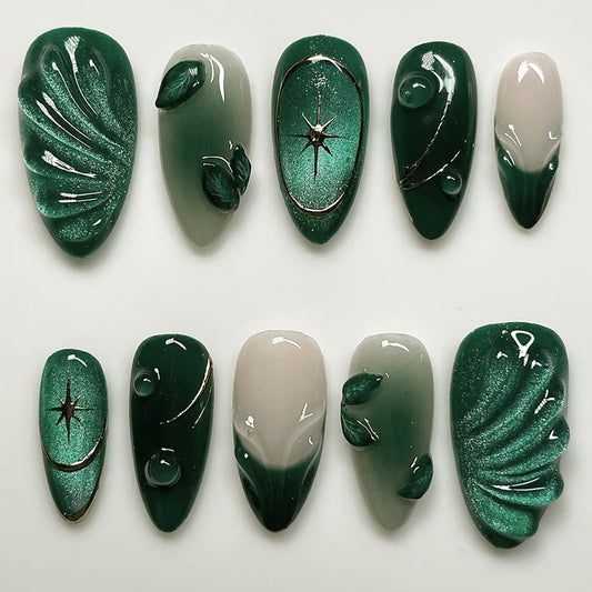 Enchanted Forest Elegant Short Almond Green Press On Nail Set with Unique Leaf and Star Accents