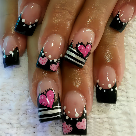 Romantic Delight Short Square Black with Pink Hearts and Dots Press On Nail Set