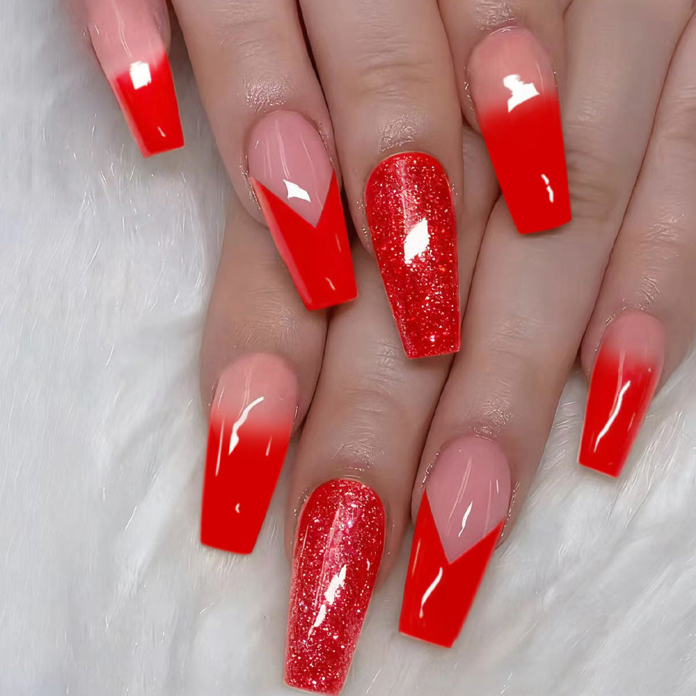 Radiant Glamour Long Coffin Red Ombre Nail Set with Sparkling Accent Feature