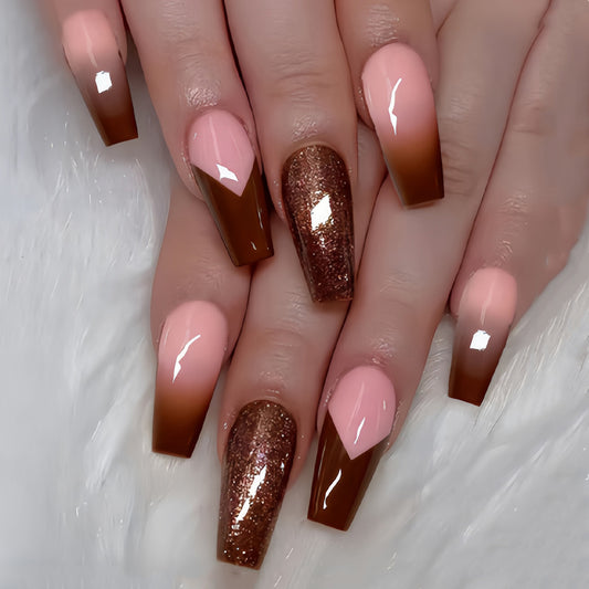 Glamorous Sunset Long Coffin Ombre Pink and Brown with Sparkling Accent Nail Set