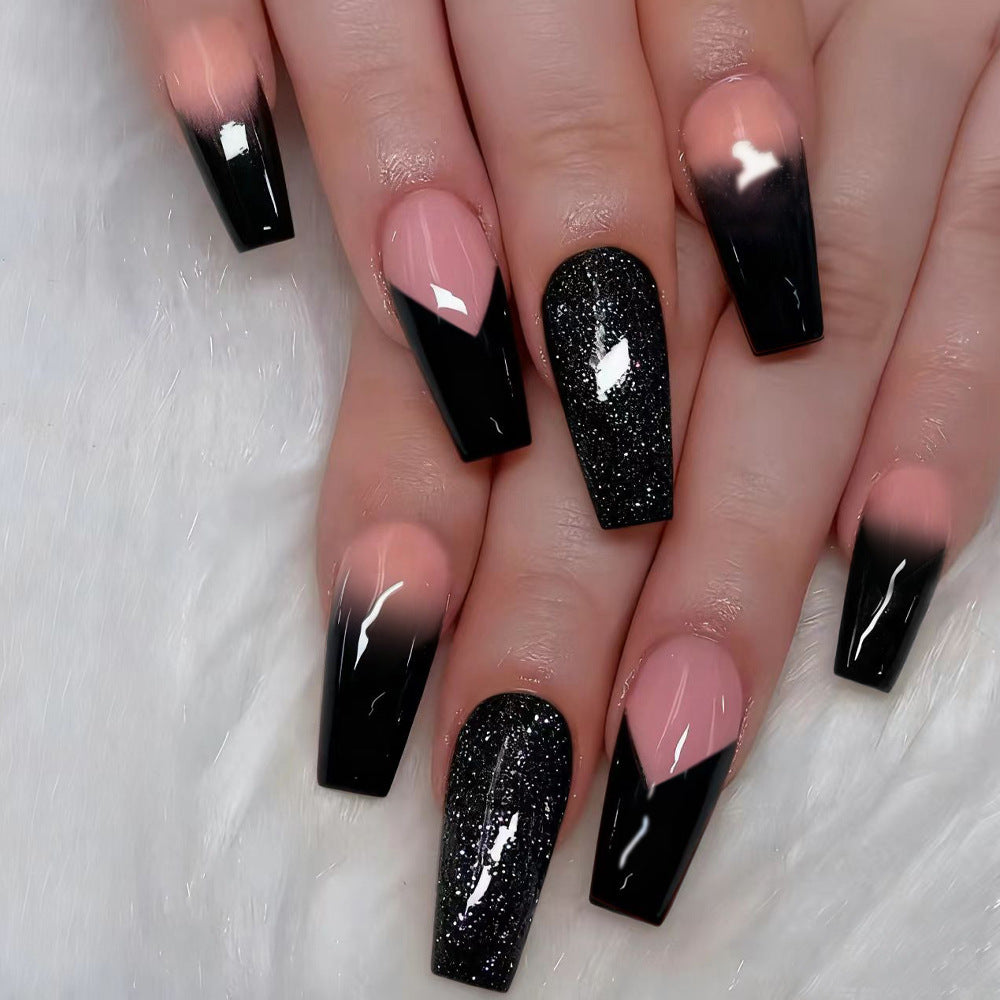 Gothic Elegance Long Coffin Black and Pink Ombré Press-On Nail Set with Glitter Accents