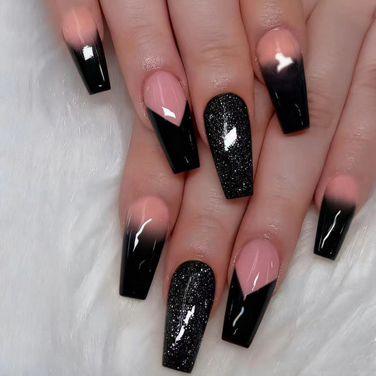 Gothic Elegance Long Coffin Black and Pink Ombré Press-On Nail Set with Glitter Accents