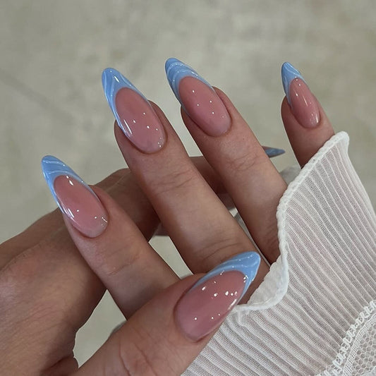 Dreamy Sky Blue Long Almond Press On Nail Set with Unique Color Block Design and Glossy Finish