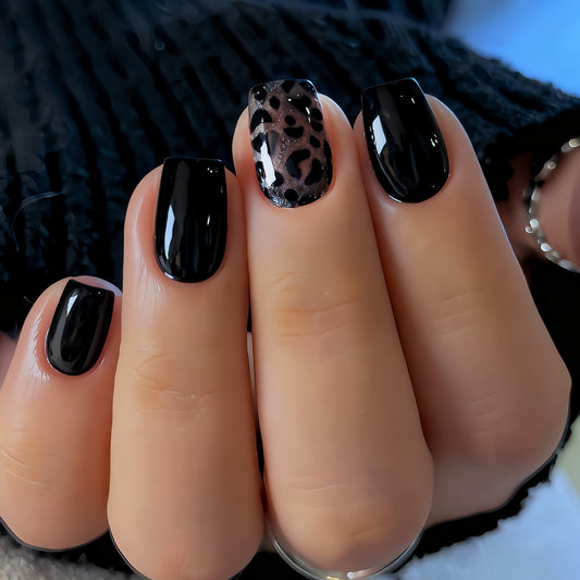 Fierce Elegance Glossy Short Square Black Faux Nails with Wild Animal Print Accent