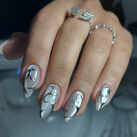 Glamorous Elegance Long Almond Silver Press On Nail Set with Unique Abstract Design