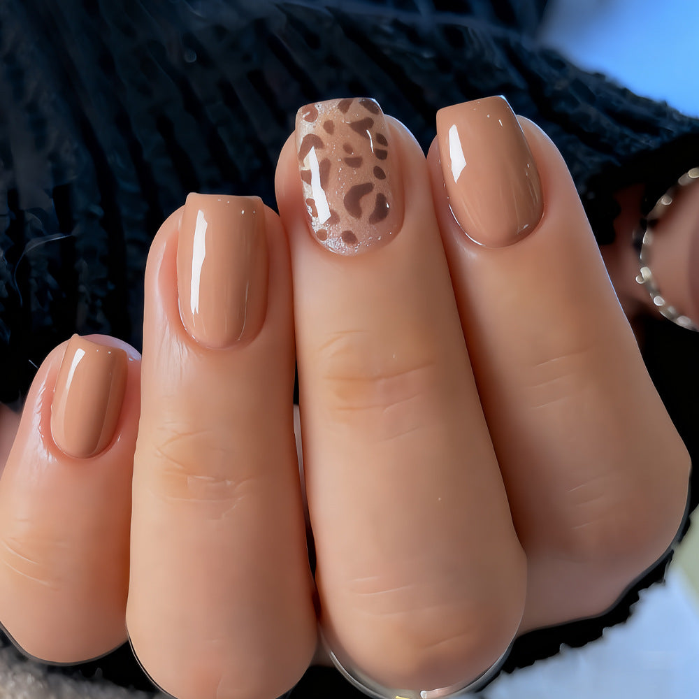 Savanna Chic Short Square Beige Nails with Glitzy Animal Print Accent