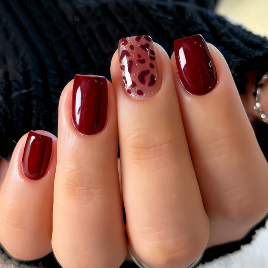 Bold Elegance Short Square Burgundy Nails with Unique Animal Print Accent