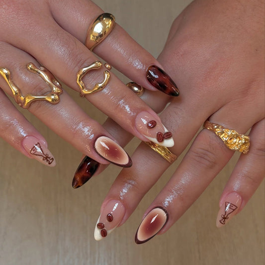 Coffeehouse Chic Long Almond Brown and Cream Press On Nail Set with Unique Coffee Bean Art