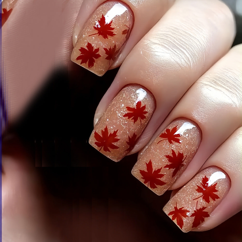 Autumn Elegance Short Square Beige Glitter Press On Nail Set with Vibrant Red Leaf Design