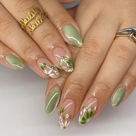 Nature Inspired Short Oval Green Press on Nail Set with Floral Design and Glossy Finish