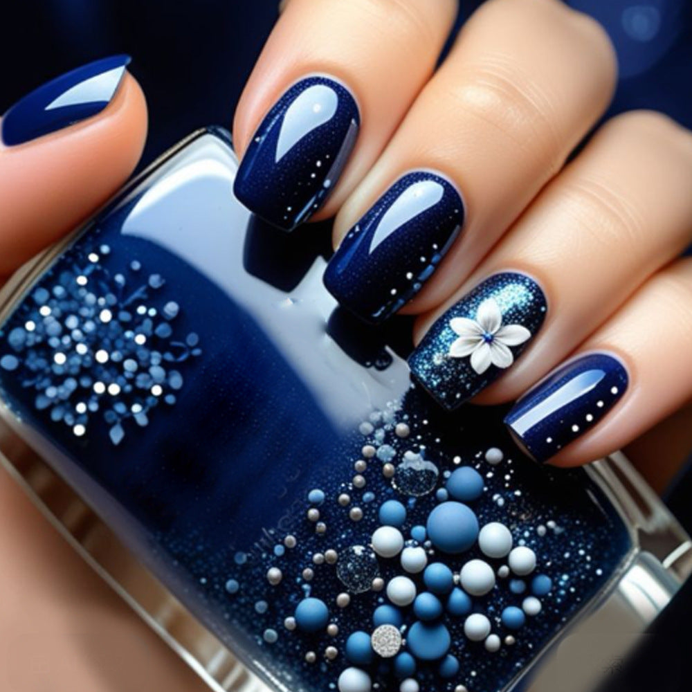 Celestial Delight Medium Square Deep Blue with Sparkling Floral Accents Press On Nail Set